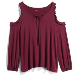 Kensie Burgundy Cold Shoulder Top XL Tie Neck Boho Flowy Long Sleeve